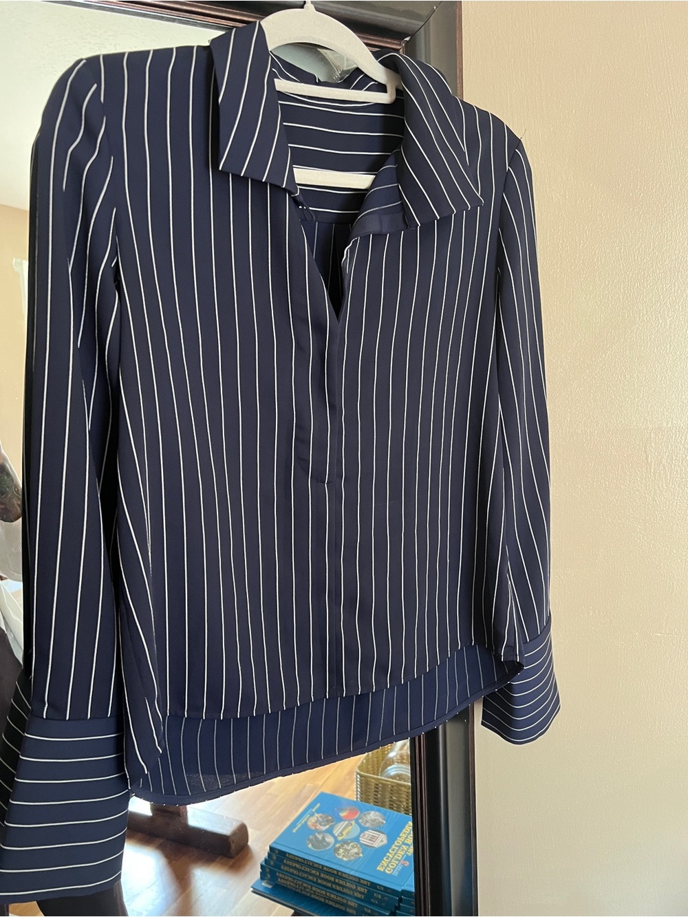 Babaton Navy and White Pinstripe Button-Down Blouse